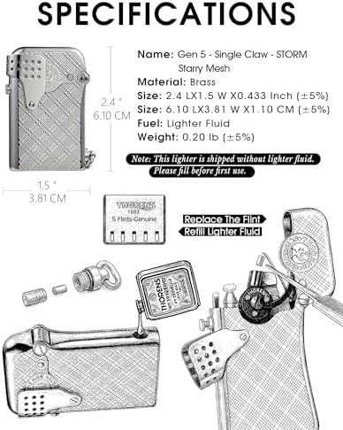 THORENS Gen 5 싱글 클로 방풍 빈티지 황동 유체 라이터, 별이 빛나는 메시 — 사진 6