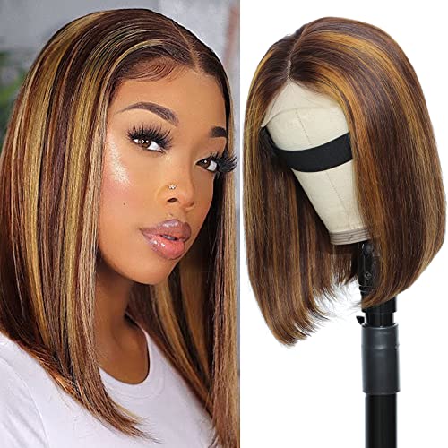 Cute Fairy Straight 4/27 Highlight Bob Wig Human Hair Blonde Highlight Lace Front Bob Wig Pre Plucked 150% Density 12 Inch Ombre Brown Honey Blonde 4x1 T Part Lace Wig
