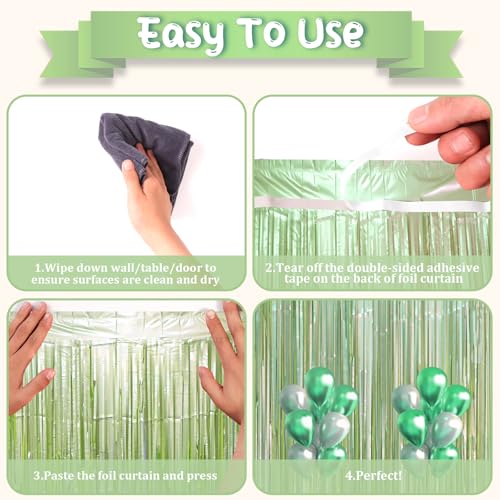 Image of Voircoloria 2 Pack Sage Green Foil Fringe Backdrop Curtains, Tinsel Streamers Party Decorations, Fringe Backdrop, Door Shimmer for Baby Shower or Birthday Party