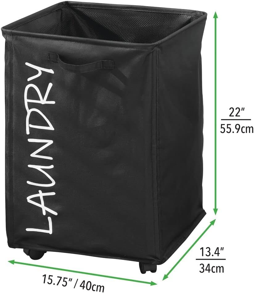 mDesign Fabric Laundry Hamper Basket with Handles, Drawstring Mesh Closure, Wheels - Portable and Foldable for Compact Storage - Single Hamper Design, Novelty Print - Black/White Lettering