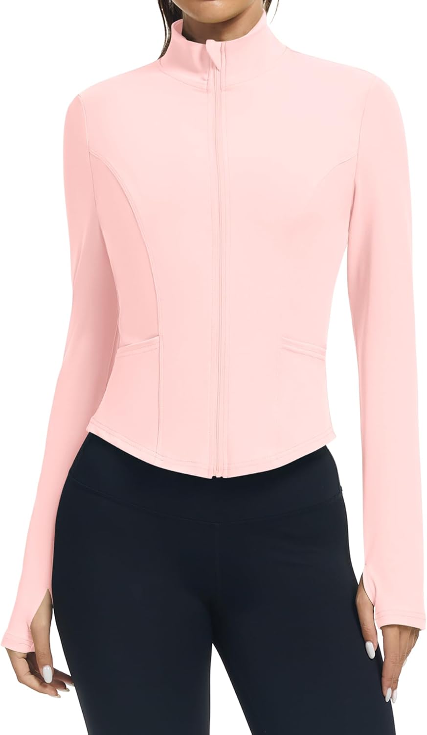 LOMON Athletic Jackets for Women Full Zip Cropped Long Sleeve Top Golf Shirts for Woman Slim Fit Pink Workout Top Pink XS - Image 2