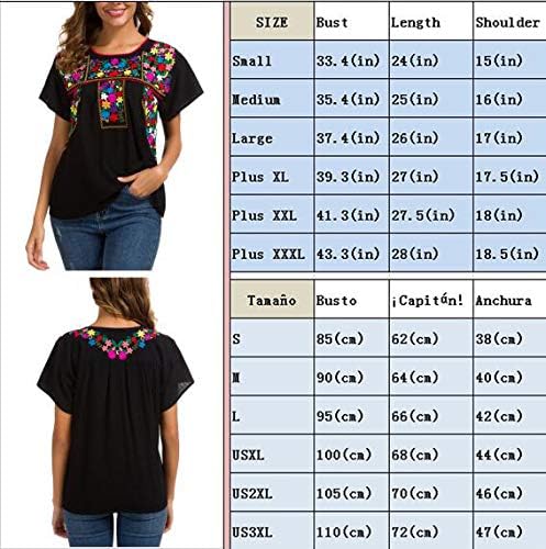 YZXDORWJ Women's Embroidered Mexican Peasant Blouse Mexico Summer Shirt Short Sleeve (XXL, 290BK)