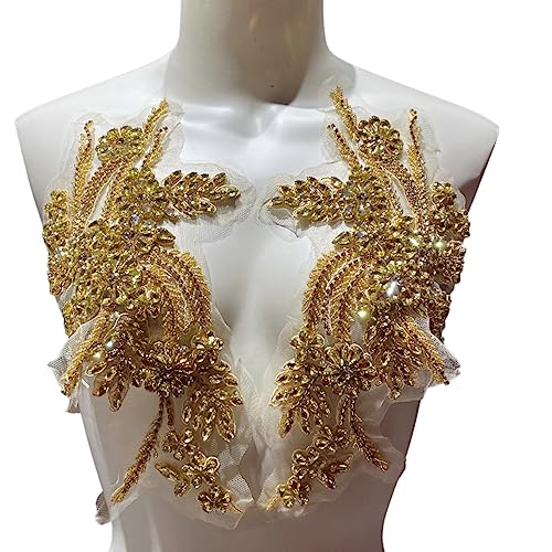 JRYYR 1 Pair of Handmade Rhinestone Appliques 26.5 * 18cm Gold Applique for Dress Wedding Banquet Evening Gown Photograph Shot Sewing Rhinestone Patches(Gold)