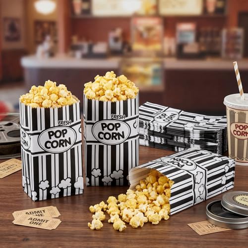 Image of Potchen 300 Pcs Popcorn Paper Bags Disposable Grease Resistant Striped Popcorn Container for Movie Night Carnival Party Theater(Black,1 oz)
