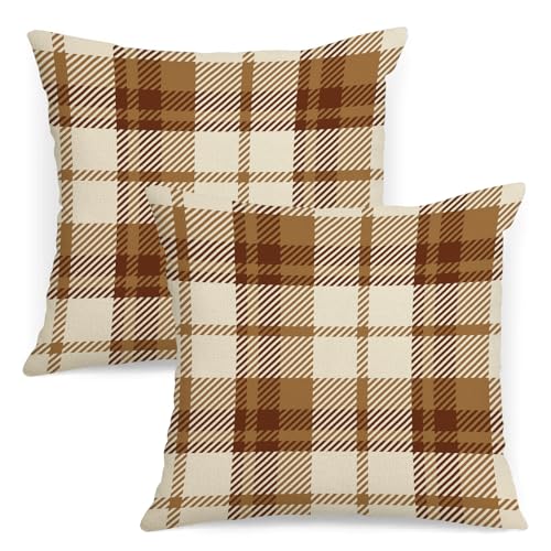 AOFANGGO Kissenbezüge mit kariertem Karomuster, 45,7 x 45,7 cm, 2 Stück, beige/braun, kariert, kariert, Herbstkaro, Herbst-Kissen, Outdoor-Kissenbezüge, quadratisch, Bauernhaus-Kissen, Danksagung