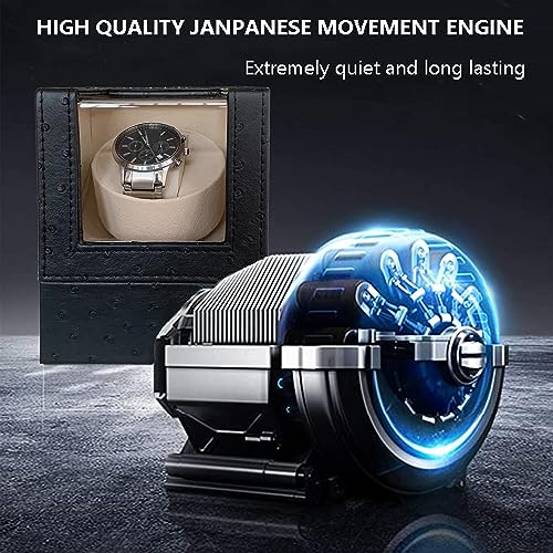 Image of Single Watch Winder for Automatic Watches, Super Quiet, in Wood Shell and Black Leather /Carbon Fiber Leather, Japanese Motor