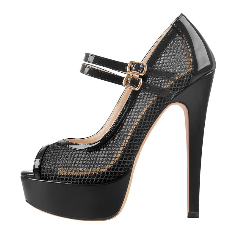 Women's Mary Janes Ankle Strap Buckle Platform Pumps Peep Toe Stiletto High Heels