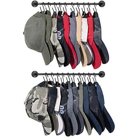 Mkono Hat Rack for Wall Baseball Cap Organizer Hanger with 20 Hooks Modern Metal Hat Holder Wall-Mounted Caps Display for Closet Door Bedroom Entryroom Laundry, Set of 2, Black Cover