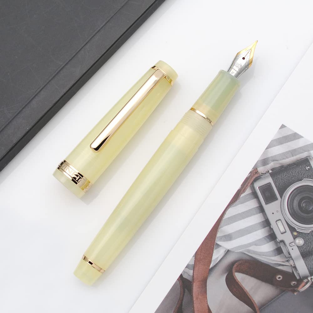 Jinhao 82 Penna Stilografica In Acrilico Trasparente Giallo – Pennino Piegato In Iridio 0,5-1,0 Mm, Convertitore Incluso, Finiture Oro