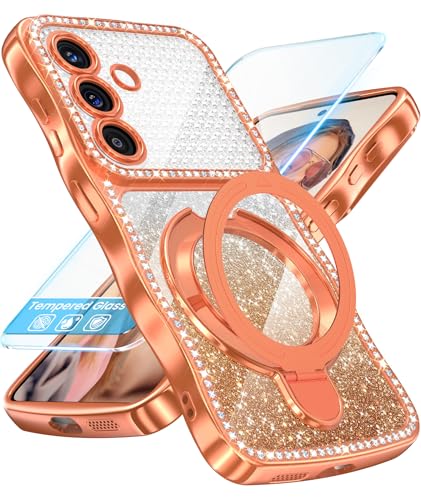 Coque antichoc S26+ transparente orange pailletée avec support rigide