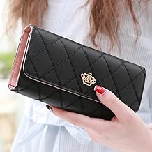 Women's Long Tri-fold Wallet Leather Card Holder Purse Zipper Buckle Elegant Clutch Wallet Handbag for Women Black