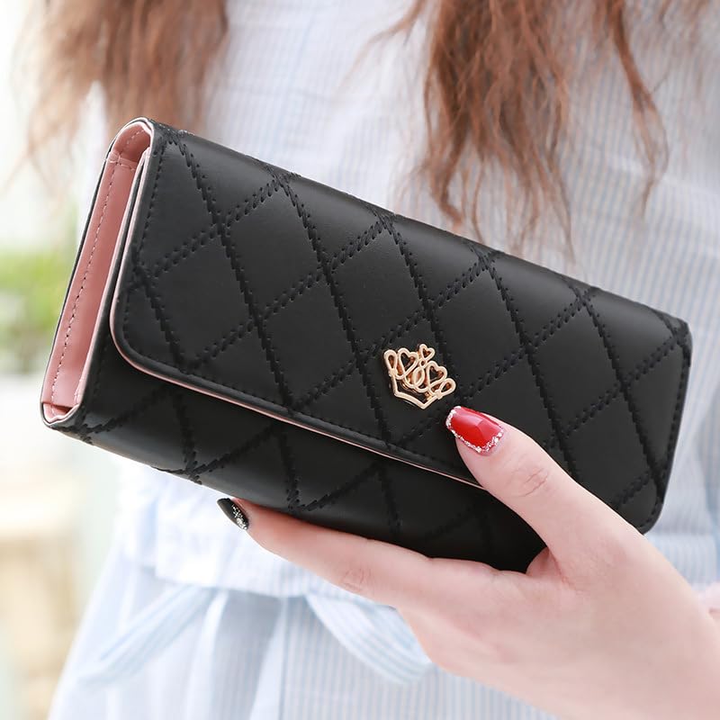 Women's Long Tri-fold Wallet Leather Card Holder Purse Zipper Buckle Elegant Clutch Wallet Handbag for Women Black