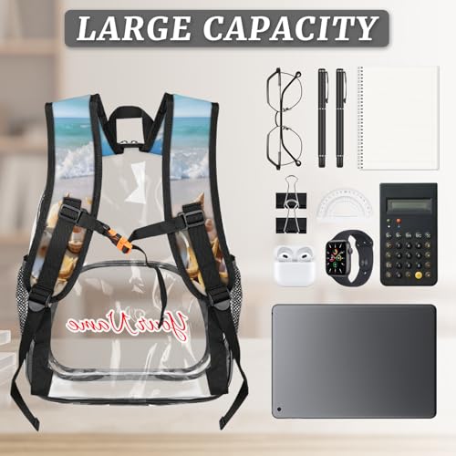 Personalized Small Clear Backpack Stadium Approved Heavy Duty PVC Plastic Custom Transparent Backpacks See Through Bag with Name, Starfish Beach Theme3