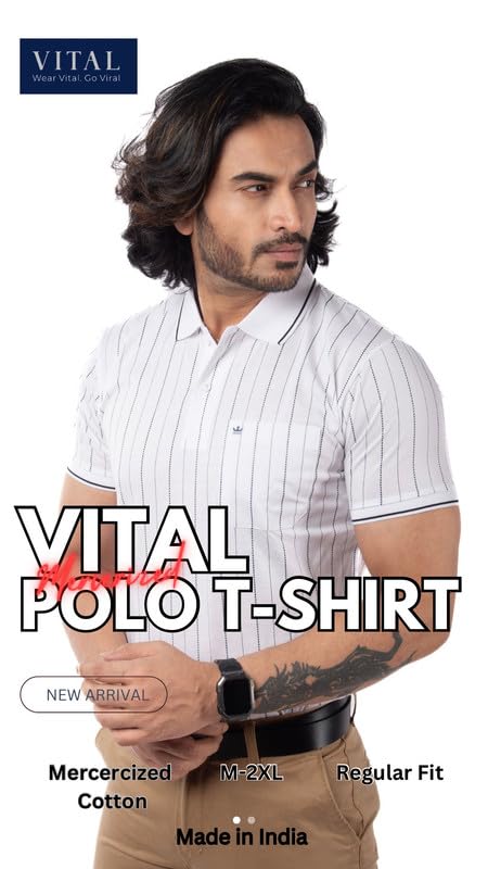Image of Men's Polo T- Shirts Collar Neck Half Sleeves, Regular Fit, Cotton Mercerized Collection with All Over Vertical Printed Stripes /Comfortable and Soft