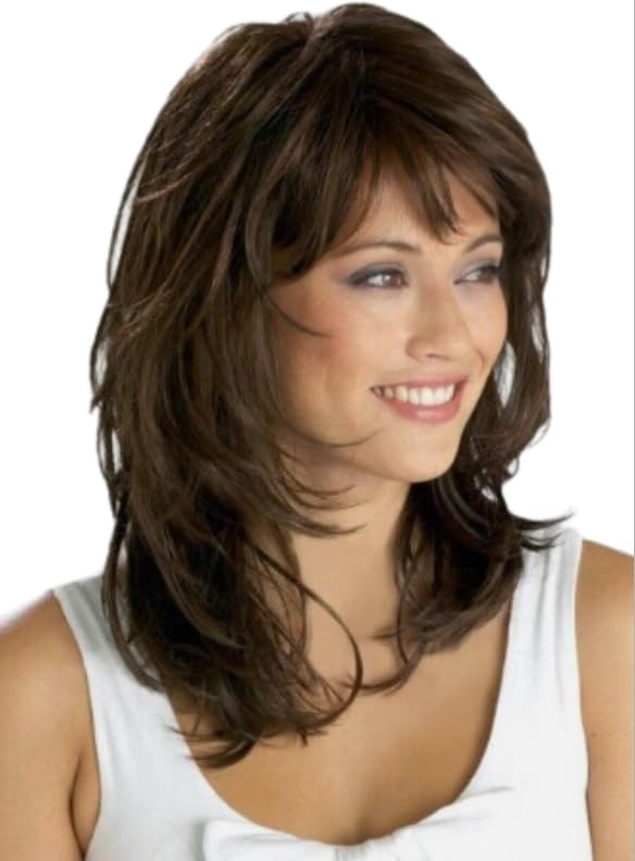 Image of Women Natural Daily Wigs Medium Long Wavy Dark Brown Layered Cut Synthetic Hair Capless Wig For Daily Use, Party, Halloween Wigs