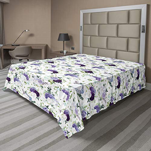 Ambesonne Floral Flat Sheet, Repetitive Lilac Tones Flowers Hydrangea Rose Print, Soft Comfortable Top Sheet Decorative Bedding 1 Piece, Queen Size, Plum Blue Violet