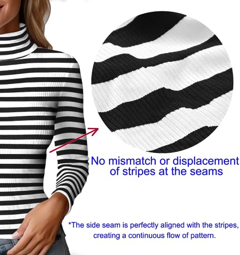 Women's Turtleneck Long Sleeve Top, Striped High Neck Shirt Baselayer Ribbed Stripes Slim Fitted Tee Stretchy4