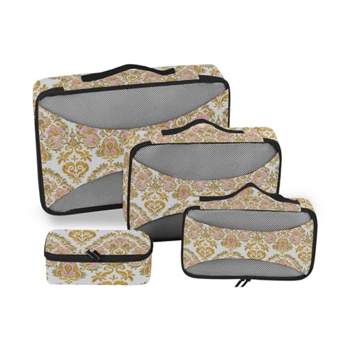 Bohemia Retro Fashion Flower Paisley Gold Peach 4 Pcs set organizer for luggage Mesh Travel Essentials expandable packing cubes