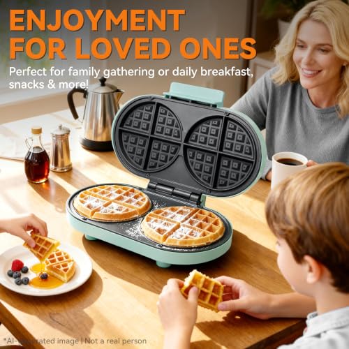 Image of Baker's Friend Double Belgian Waffle Maker Thick, 2 X 6 inch Round Waffle Maker, Belgium Waffle Iron, Waflera Electrica with Non-stick Plates, 1200W, Perfect for Kids & Family Breakfast, Aqua