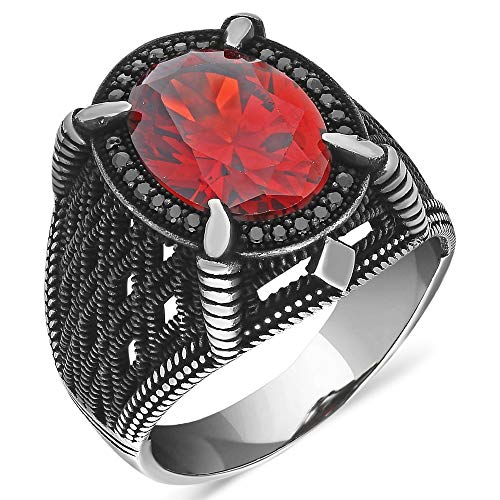 mysilverworld Solid 925 Sterling Silver Garnet Stone Men's Ring with Micro Black Zircon Stone (9)