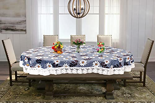 Image of The Furnishing Tree Waterproof PVC Oval Shaped 10 Seater Table Cover WxL 60x120 inches Floral Pattern Blueish Grey with White Border lace