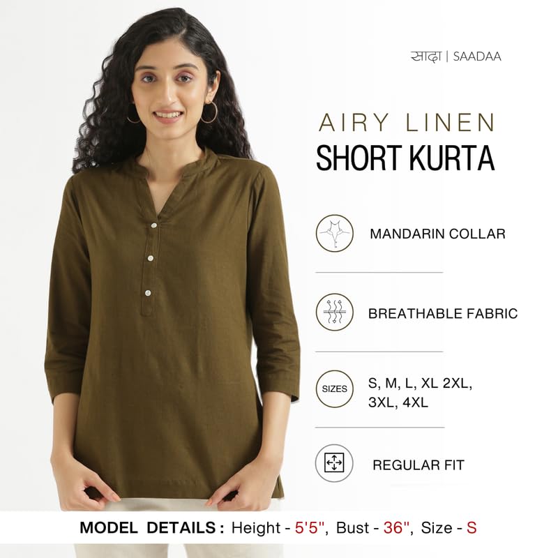 Image of SAADAA Women Short Kurti Airy Linen Regular Fit Kurta with 3 /4th Sleeves, Mandarin Collar, Side Slit Perfect for Casual, Formal, and Ethnic Wear