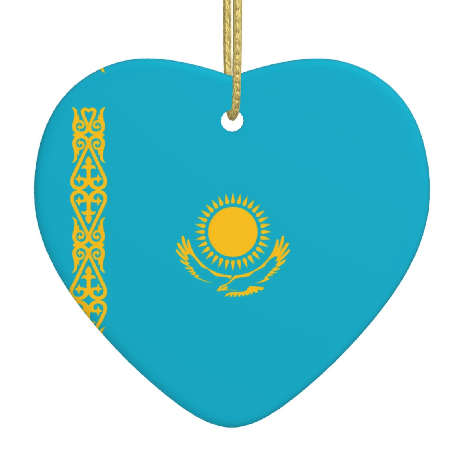Flag of Kazakhstan Ceramic Christmas Heart Pendant with Silk Thread, Christmas Tree Home Decoration