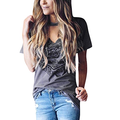 Women s Choker Cut Out V Neck Blouse Tee Short Sleeve Stylish Print Tops T-Shirts Tee Vest Tunic Gray