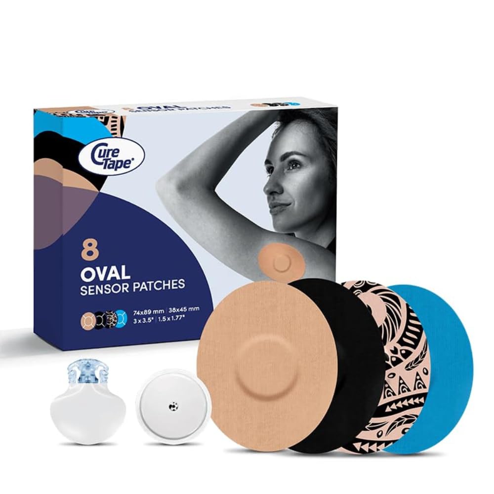 CureTape Adhesive Sensor Patch for Libre Dexcom Medtronic Guardian | 8 mixed adhesive CGM sensor covers for Dexcom G7, Stelo, Freestyle Libre & other glucose monitors. Waterproof over patch.
