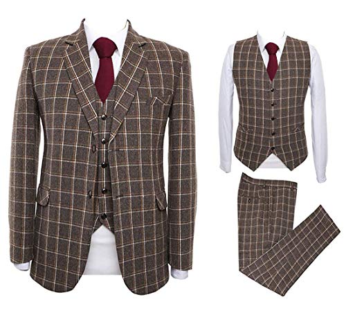 GATMSTZ Mens Formal Checked Tweed Blend 3 Piece Suits Slim Fit Groom Prom Plaid Tuxedos