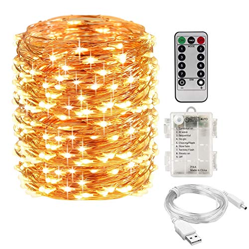 LED-Lichterkette mit Fernbedienung, USB-/batteriebetrieben, 200 LEDs, dimmbar, Festival-Dekoration, für saisonalen Urlaub, komplett wasserdicht, UL-gelistet (Kupferdraht) warmweiß Cover