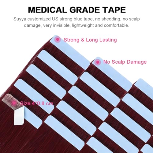Image of SUYYA Tape In Hair Extensions Human Hair 20 Inch #Burgundy