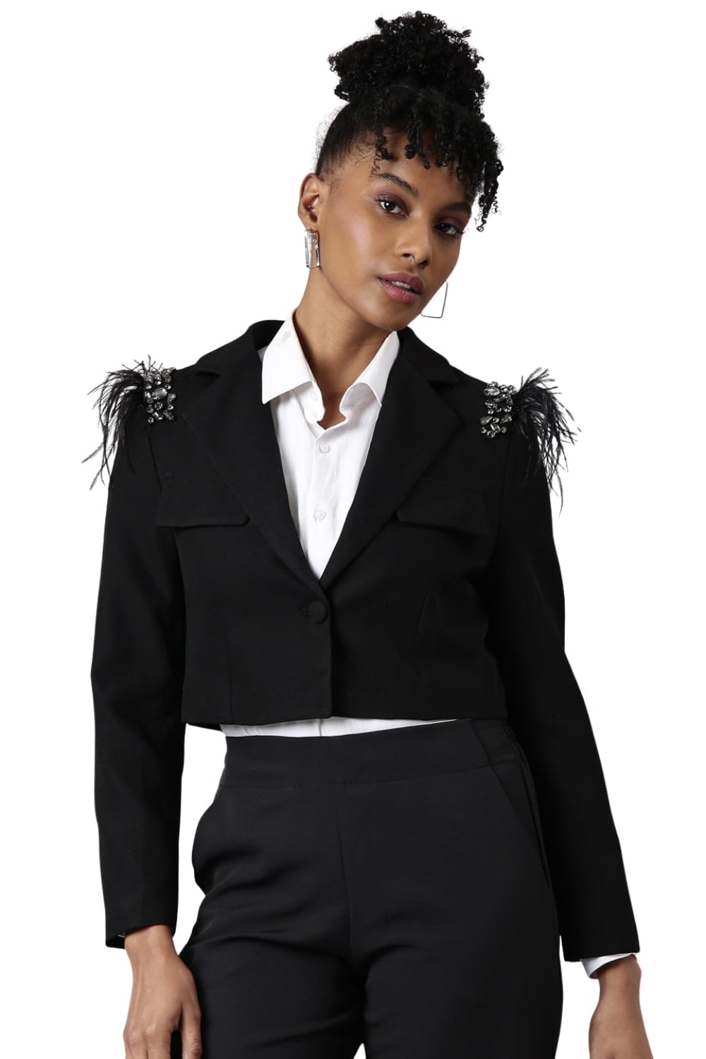 Women's Long Sleeves Black Solid Single Breasted Crop Blazer-62A_Black-image-1