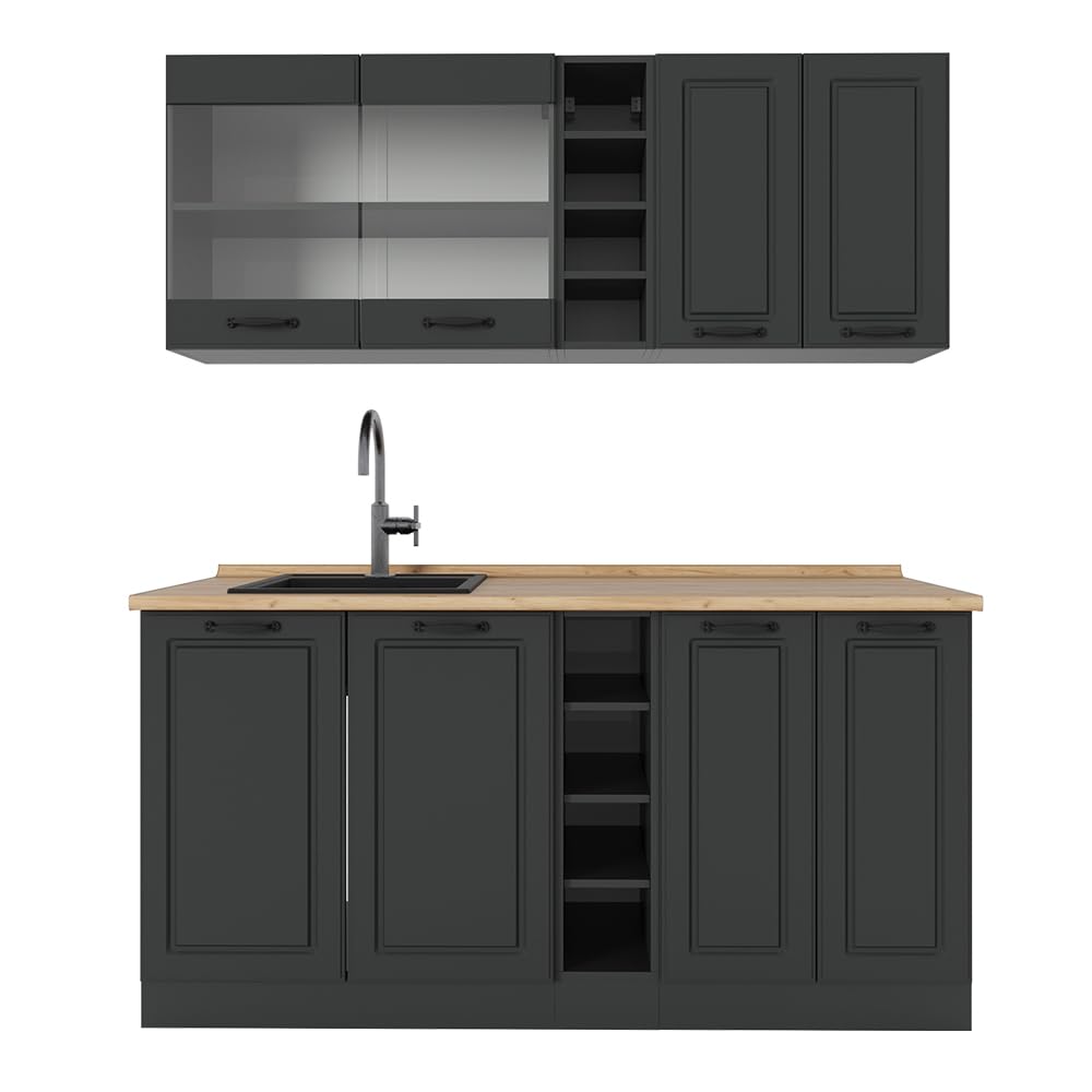Vicco Singleküche R-Line, Anthrazit Landhaus/Anthrazit, 160 cm, AP Eiche, zur individuellen Erweiterung mit zusätzlichen Modulen geeignet
