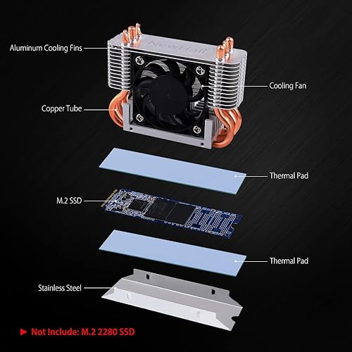 Miniatura 7 de NewHail Disipador de calor SSD M2 2280 de 12 V con ventilador de refrigeración PWM de 1575in tubos de calor de cobre y almohadilla térmica enfriador