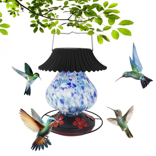 Solar Hummingbird Feeder-5 Feeding Ports with Perch Hand Blown Glass Blue White Color Changing - Never Leak Multicolor Night Lights Perfect Hummingbird Feeder for Outdoors for Nature Enthusiasts