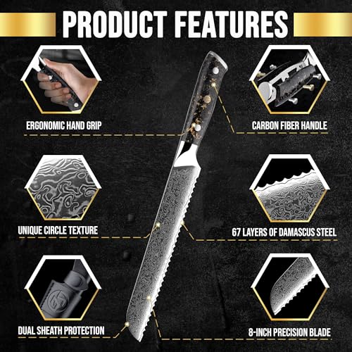 SliceElite Elite Series 8-Inch Damascus Bread Knife – VG10 Steel Serrated Blade with Handles Option, Dual Sheaths, and Polishing Cloth (Bread Knife (Carbon Fiber Handle))