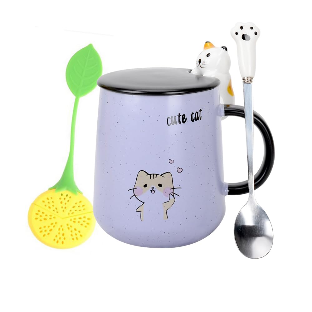 Katze Tassen,Keramik Kaffeebecher, Süß Cat Teetassen Handgemacht, mit Deckel und löffel, Einzigartig Heiß Schokolade Neuheit Becher, Weihnachten, Geburtstag zum Mädchen Frauen (Lila)