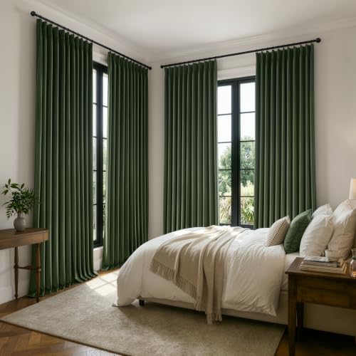 Image of MIULEE Velvet Pinch Pleated Extra Wide Olive Green Blackout Curtains 70x96 | Thermal Insulated, Luxury Window Drapes, Pleat Design for Sliding Glass Door Bedroom Living Room with Hooks, Set of 2