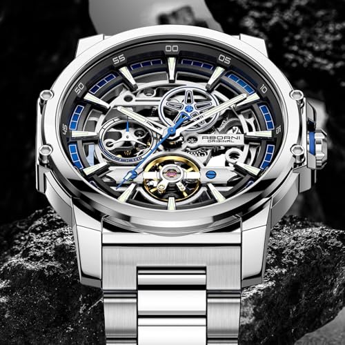 Image of FORSINING Men's Luxury Automatic Skeleton Mechanical Watch, Industrial Style Self-Winding Hollow Watches with Tourbillon & Luminous Function, Stainless Steel Strap Mens Wristwatch