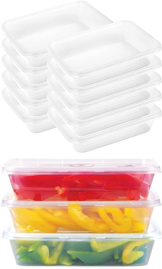 Khaleej Pack Disposable Container with Lids Bowls For Food â€“ 500 ml Pack of 10 Rectangular Microwave Plastic Freezer Soup Pint Deli Kitchen Containers Storage Box Khaleej Pack