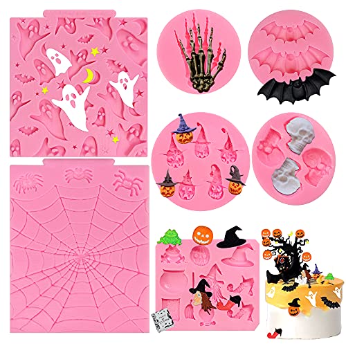 7 Stück Halloween Fondant Formen Mini Halloween Pink Harz Form Geist Hexe Spinnennetz Pirat Kürbis Schädel Hand Fledermaus Silikon Schokolade Formen Cover