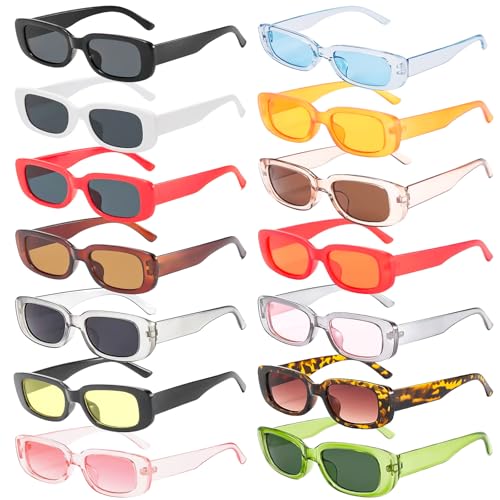 GAOUTO 14 Stück Vintage Rechteckige Sonnenbrille: 90er Retro Sonnenbrillen Set, Modische Retro-Brille mit UV Schutz, Trendy Brille für Damen Herren, Sonnenbrille für Party, Geburtstag und Konzerte