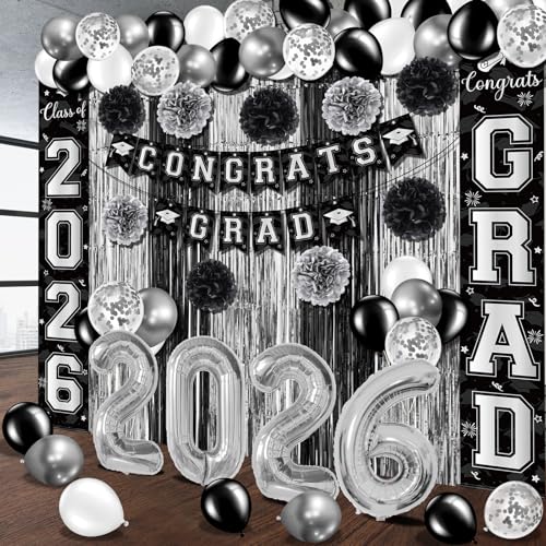 Image of Graduation Party Decorations Class 2026, Graduation Decorations with Congrats Grad Banner Fringe Foil Curtain Paper Flower Ball Balloons for High School College Graduation Party Supplies, Black Silver