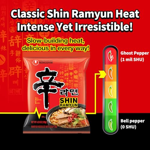 Image of Nongshim Shin Ramyun Noodles, Spicy Korean Signature Instant Ramyun, Rich Beef Flavored Broth, Microwaveable, Korean Instant Noodles, 4.23 oz (Pack of 20), Packaging May Vary.