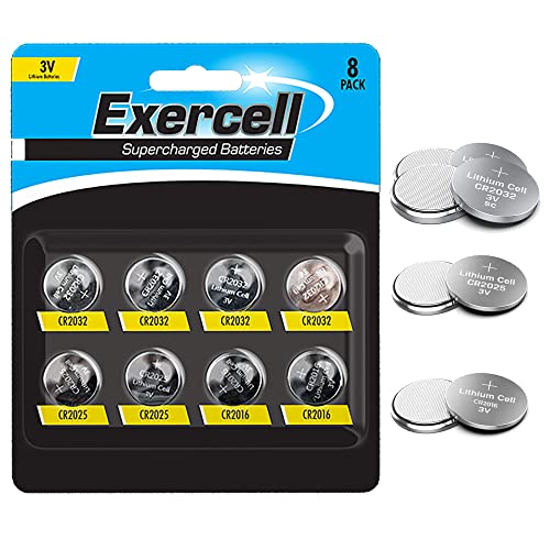 8 Pack 3V Supercharged Lithium Battery Set, 4x CR2032, 2x CR2025, 2x CR2016, To Be Used in Electrical Devices Including, Calculators, Watches, Remote Controls and Much More (1 Pack of 8)