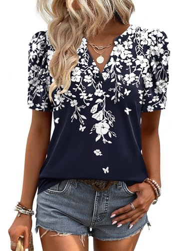 Image of Zeagoo Women Blouses Puff Short Sleeve Tops V Neck Dressy Casual Spring Shirts Boho Floral Cute Clothes 2026