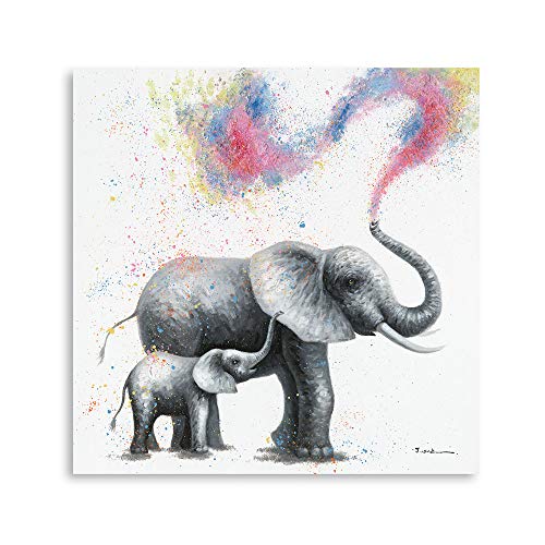 Image of Framed Mama & Baby Elephant Canvas Wall Art: Colorful Rainbow Elephant Wall Art Pictures for Kids' Girls' Bedroom & Bathroom Decorations - Modern Animal Painting, 24x24