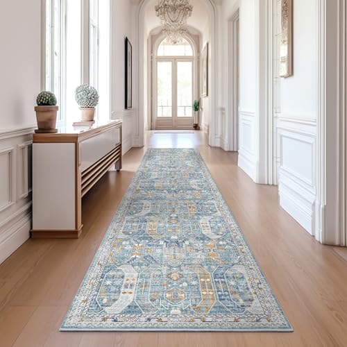 Madane Runner Rugs for Hallway 2x10 Long Washable Non-Slip Hallway Runner Rug Low-Pile Stair Kitchen Runner Soft Throw Carpet for Entrance Living Dining Laundry Room (Blue/Gold, 2 x 10)