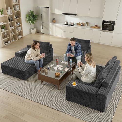 Image of 106 inch Cloud Modular Sectional Couch with Ottoman, Modern U Shaped Corduroy Sofa, Higher 17.7 inch Seat Height, 32D Pure Foam,Built in Cup Holders,No Assembly for Living Room (Dark Gray,Right Facing Chaise)